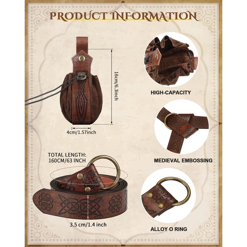 3734 2 Pcs Medieval Viking Belt Renaissance Pouch Medieval View 2